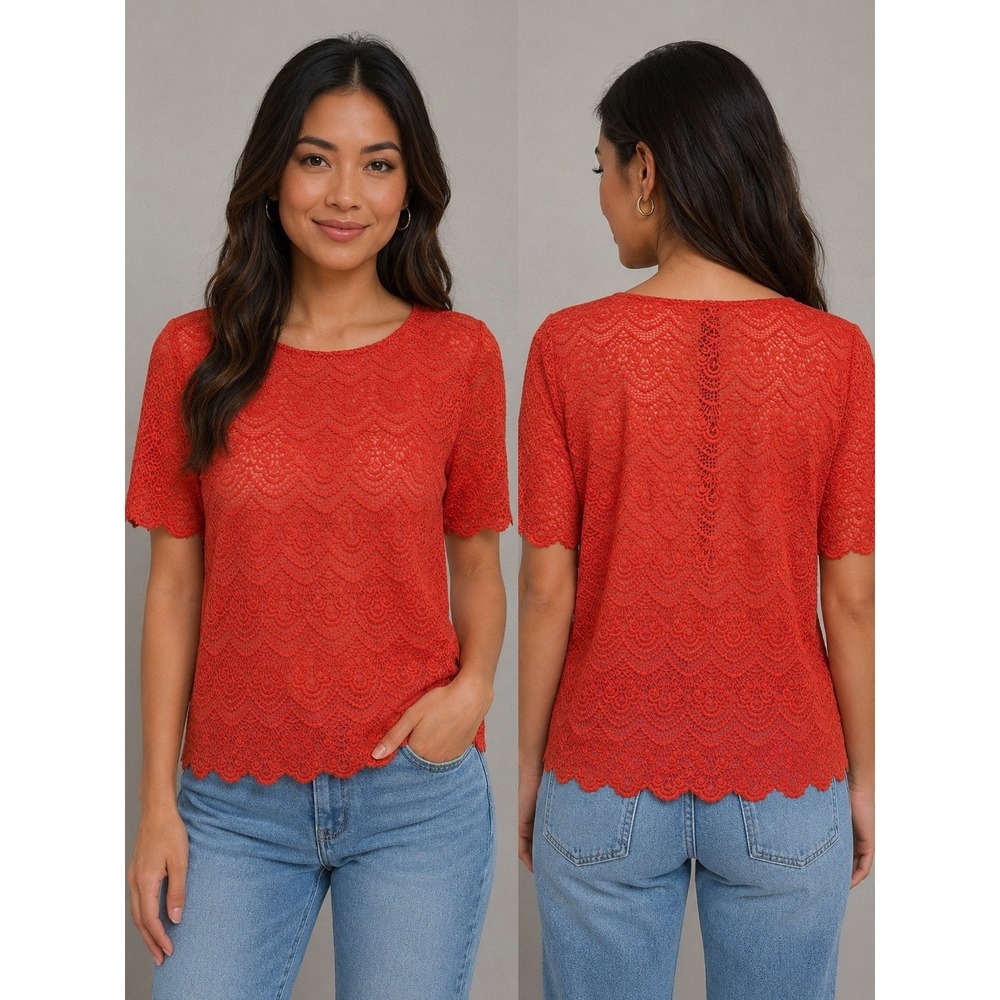 J.Crew Factory Scalloped Lace Top Feminine Sz Large Boho Preppy Romantic‎ airy